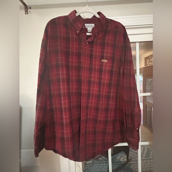 Carhartt Other - Mens XL Carhartt Button Up Flannel Shirt Red Striped 100% Cotton